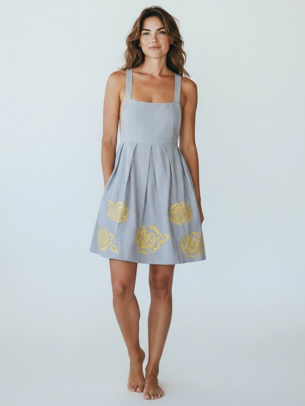 INC Blue White Stripe Yellow Embroidered Crossback Sundress